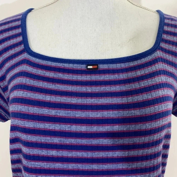 Tommy Hilfiger Tommy Jeans Striped T Shirt Y2K Womens Square Neck Logo Side Slit - Picture 4 of 7